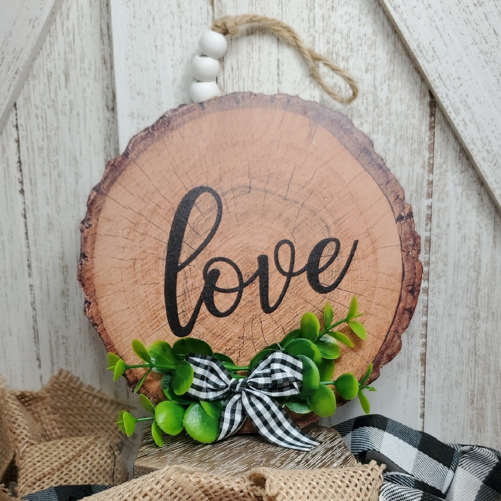 NWT Wood Love Sign with Greenery & Buffalo Plaid Bow